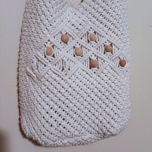 White Crochet Macrame Shoulder Bag-Lined-Wooden Beads-Inner Pockets-Beach-Boho